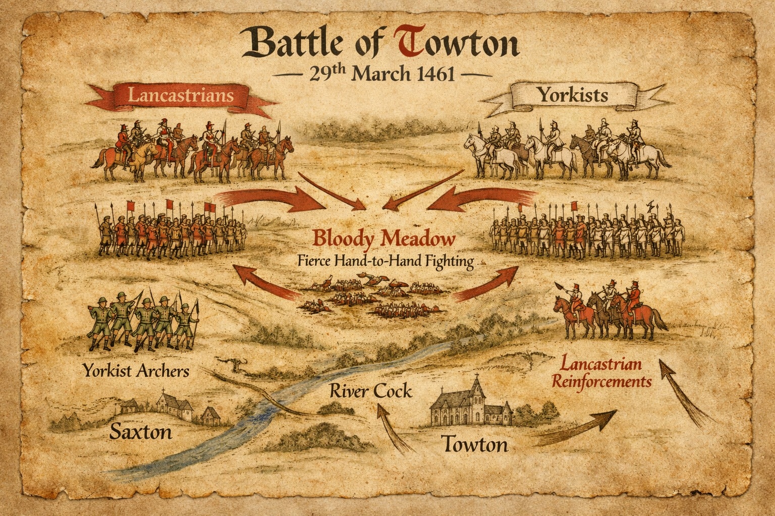 Battle of Towton diagram showing Lancastrian and Yorkist positions on parchment background