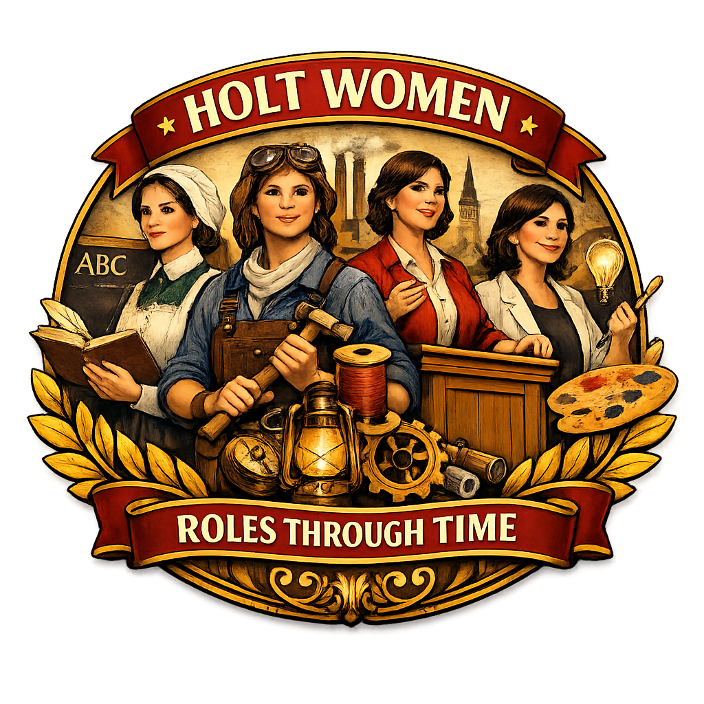 Holt women – roles through time, showing women as teacher, factory worker, community leader and modern innovator