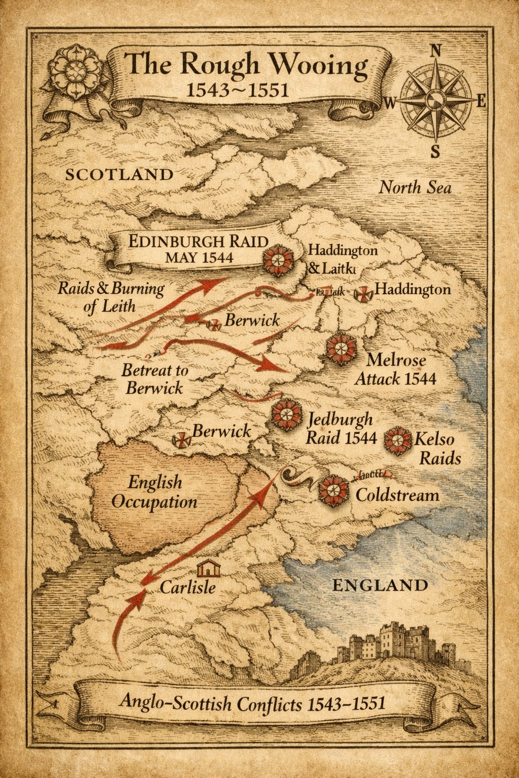 Portrait map of the Rough Wooing campaigns 1543–1551 showing Edinburgh Raid, Melrose, Jedburgh, Kelso, and Ancrum Moor.