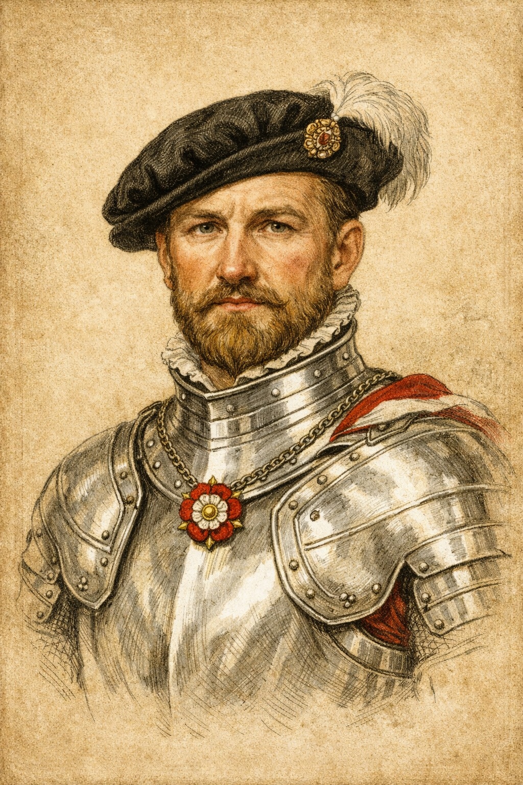 Bust portrait of a Tudor knight in polished silver armour on light parchment.