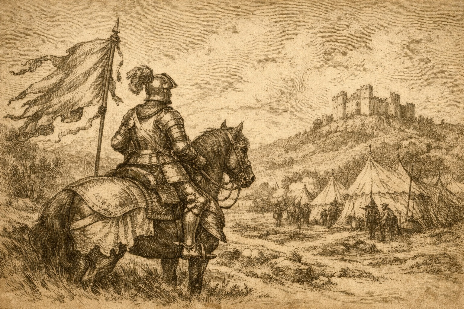Landscape engraving of Tudor knight in campaign scene with tents and castle, representing the Rough Wooing era.