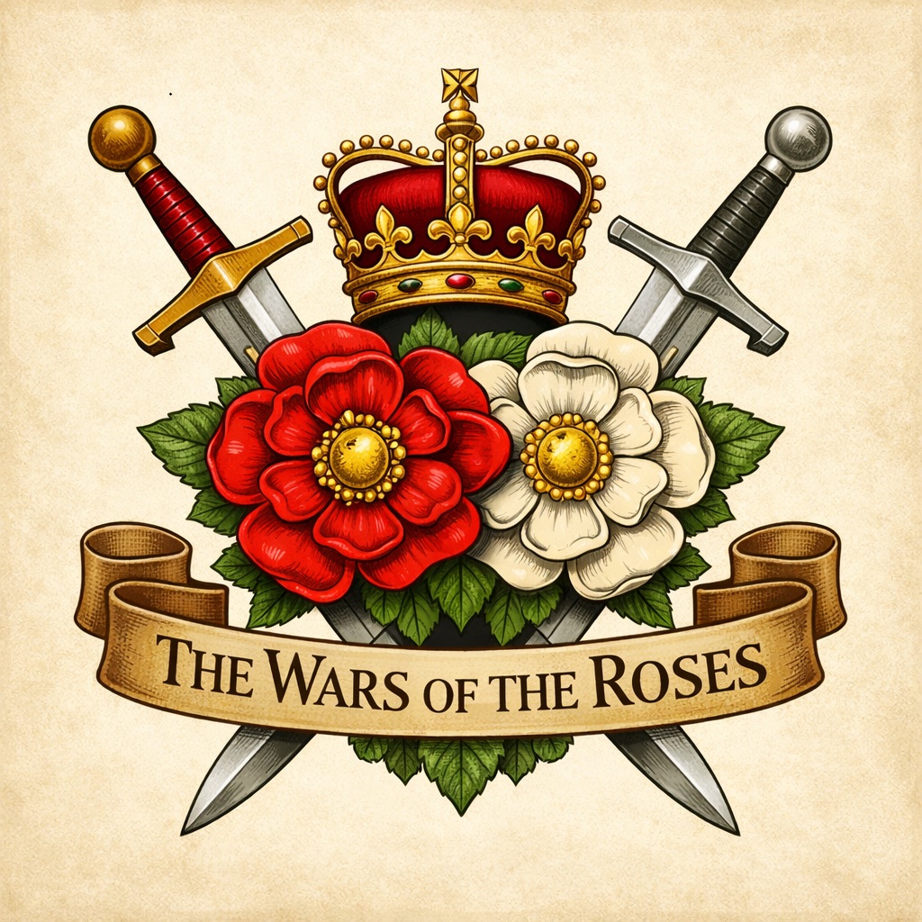 Wars of the Roses heraldic emblem showing red and white roses, crown, and crossed swords