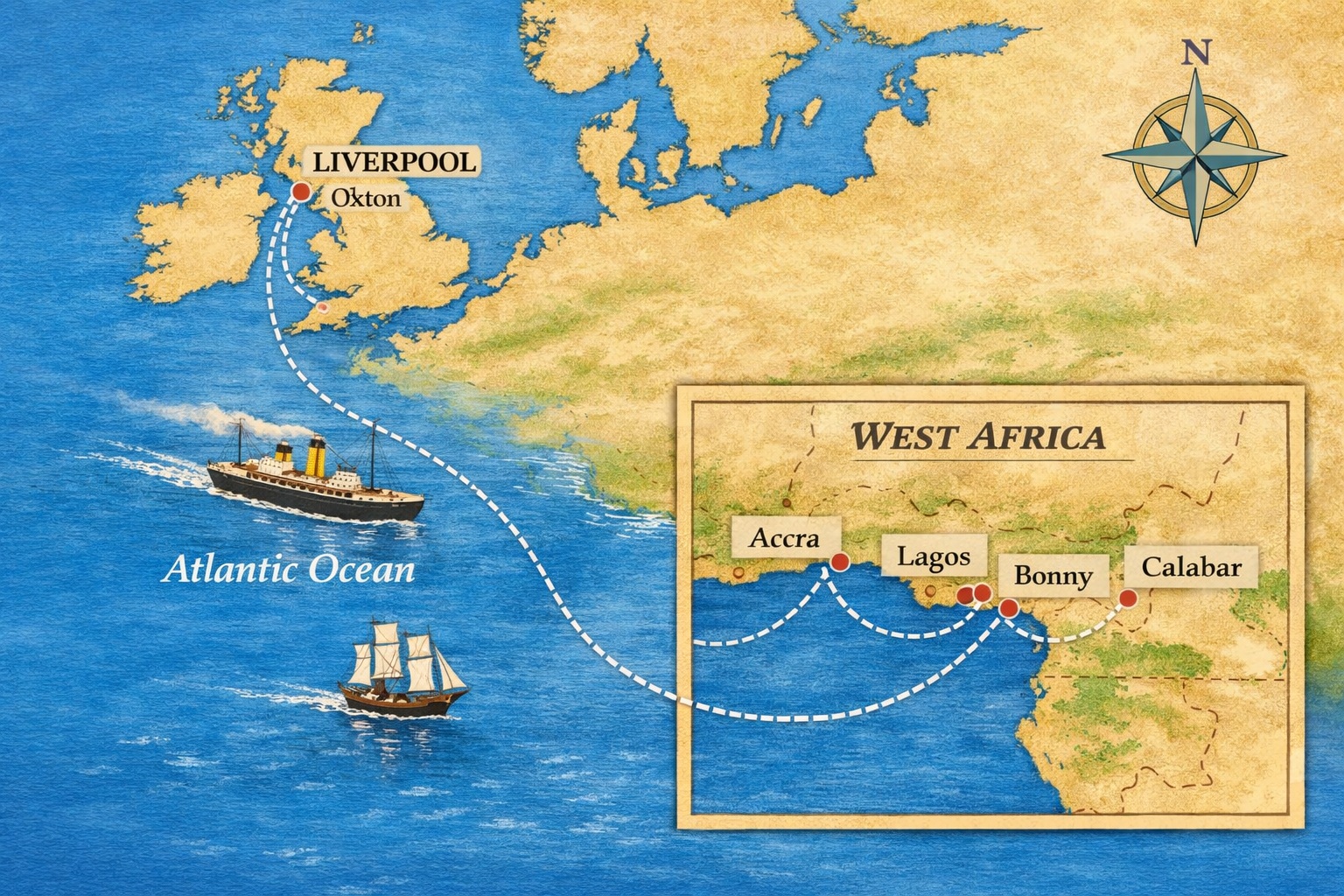 Map showing Liverpool and West African trade routes