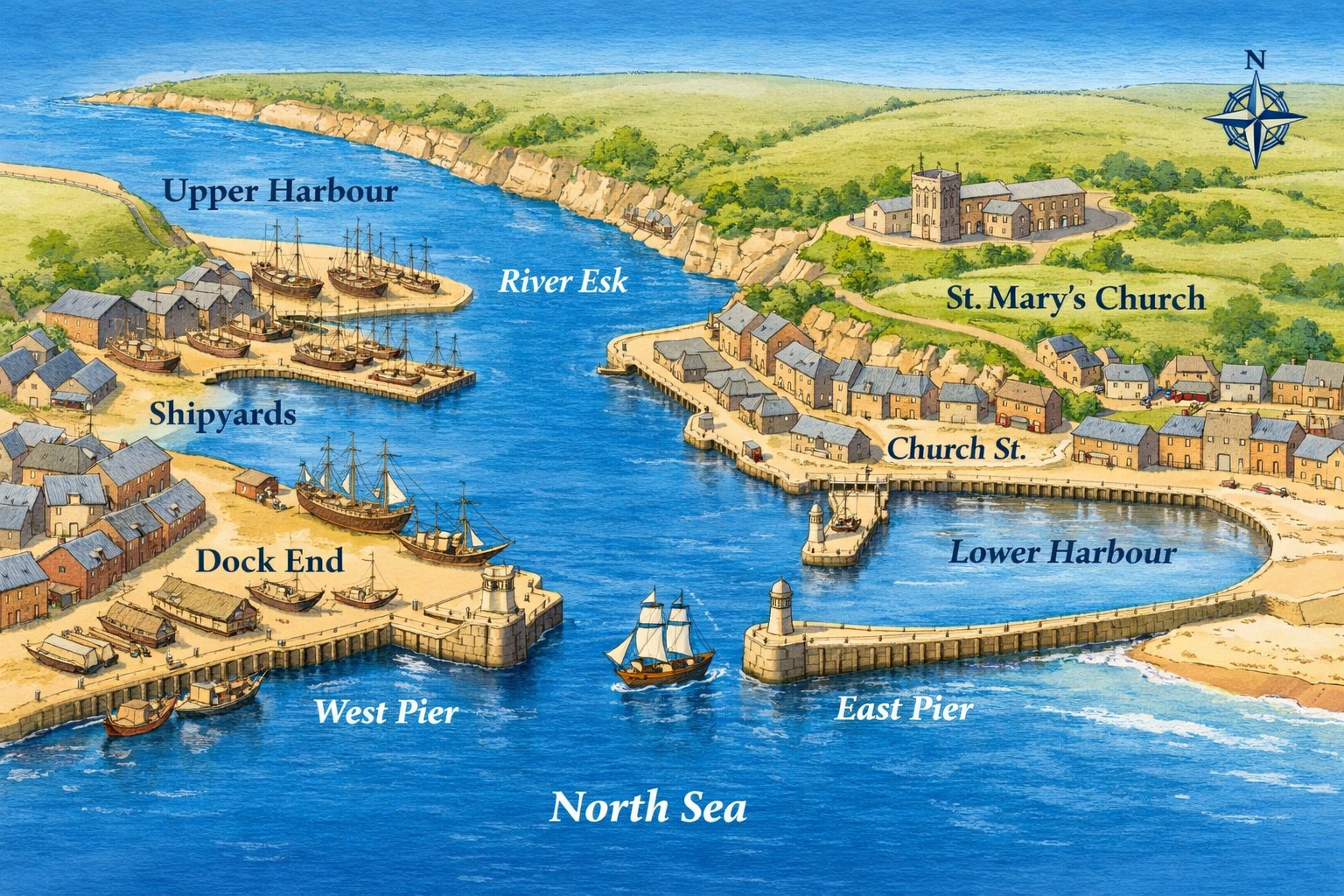 Historic-style map of Whitby Harbour showing eighteenth-century harbour works